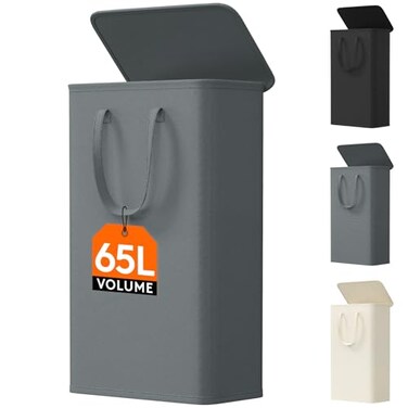 Lifewit 65L Slim Small Laundry Hamper Laundry Basket with Lid Dirty Collapsible Clothes Storage with Easy Carry Extended Handles Tall Hampers for Bedroom Laundry Room Gray 1 Pack