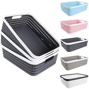 CertBuy 3 Pack Plastic Storage Baskets 14 x 10 x 45 Inch Large Weave Storage Bins with Handle for Cabinet Shelf Kitchen Bedroom Bathroom and office Dark Grey