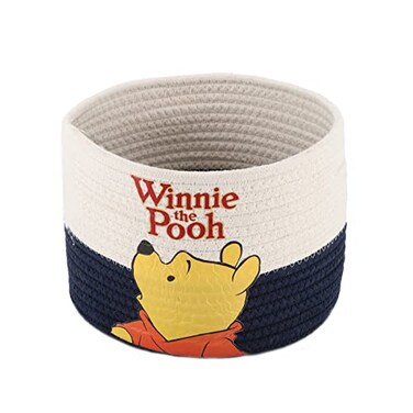 YAHUAN Small Cotton Rope Basket with BearPatterned Cotton Rope Storage Basket Collapsible Blanket Basket with Handlesblue white