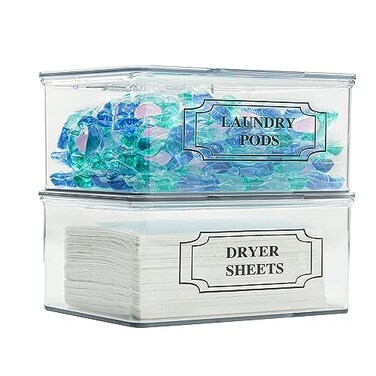 SSTATES S SSTATES Clear Acrylic Dryer Sheets Holder Fliptop Laundry Pods Container with 2 Label Decals for Laundry Room Organization and Dcor Stackable Storage Box 2 Pack