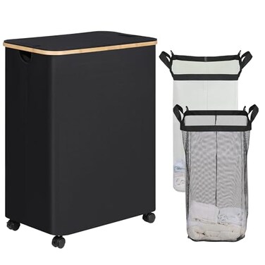 efluky Double Laundry Hamper with Wheels Divided Laundry Hamper with Removable Bags 2 Section Dirty Clothes Basket with Handles for Bathroom Bedroom Laundry Room 160L Dark Black
