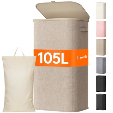 Lifewit 105L Large Laundry Basket with Lid Laundry Hamper with Plastic Handles and Removable Bag Foldable Tall Dirty Clothes Hampers for Laundry for Laundry Room Bedroom Bathroom Dorm Beige