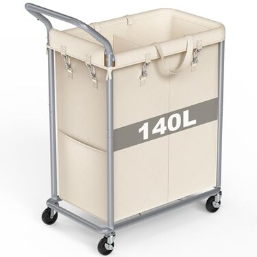 Ollieroo Laundry Hamper 2 Section Rolling Laundry Basket with Wheels Laundry Cart with Removable Liner 37 Gallons 140L Clothes Hamper Blanket Dirty Clothes Basket Steel Frame with HandleBeige