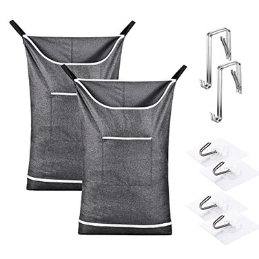 NALAN Hanging Laundry Hamper Bag Behind Door Hampers for Laundry Hanging Save Space Zipper Laundry Hamper Door Hanging with 2 PCs Stainless Steel Hooks Suction Hooks for WallBathroom Grey2Pack