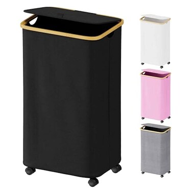 SUOCO Laundry Hamper on Wheels 100L Clothes Basket with Lid and Bamboo Handles Foldable Laundry Hamper for Bedroom Bathroom Dorm Laundry Room Black