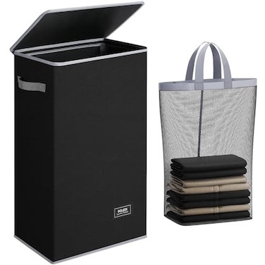SOLEDI Slim Laundry Hamper with Lid Narrow Laundry Basket with Removable Bags Dirty Clothes Hamper with handle Small Hamper perfect for Laundry room Bathroom Bedroom Small spaces 70L Black