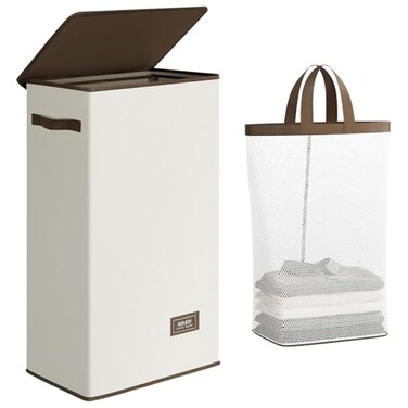 SOLEDI Slim Laundry Hamper with Lid Narrow Laundry Basket with Removable Bags Dirty Clothes Hamper with handle Small Hamper perfect for Laundry room Bathroom Bedroom Small spaces 70L Beige