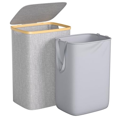 Foluck Large Laundry Hamper 75L Waterproof Laundry Basket with Lid and Removable Bag Collapsible Tall Clothes Hamper with Bamboo Handles for Clothes Toys in Dorm Bedroom Bathroom Grey
