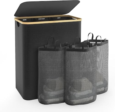 Bathola Hampers for Laundry Basket with Lid 160L Extra Large 3 Section Clothes Divided Organizer for Bedroom Laundry Room Dirty Clothing Hamper Black