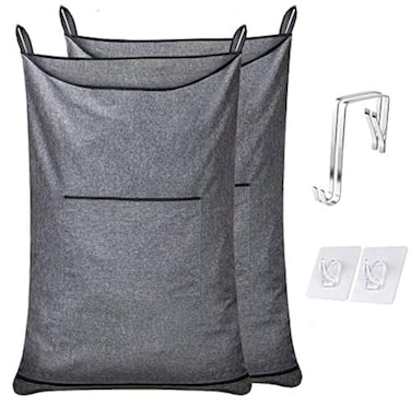 KINGSUSLAY XL Hanging Hamper Over The Door Hamper with Free Hanging Hooks Space Saving Over Door Laundry Bag and Laundry Basket for Storage 2 Pack 36x22Inch Pop Heather Grey