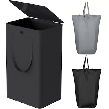 WOWLIVE 100L Laundry Hamper with Lid Large Foldbale Laundry Basket with 2 Removable Bags and Handles Tall Collapsible Dirty Clothes Hamper for Laundry Room Bathroom Dorm Black