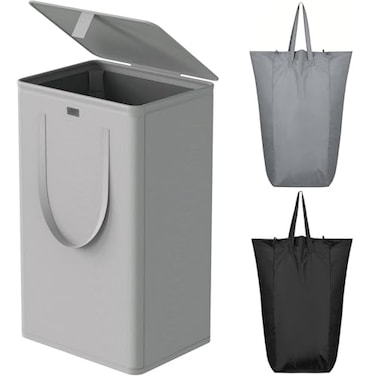 WOWLIVE 100L Laundry Hamper with Lid Large Foldbale Laundry Basket with 2 Removable Bags and Handles Tall Collapsible Dirty Clothes Hamper for Laundry Room Bathroom Dorm Grey