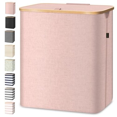 BALEINE Laundry Hamper with Lid Tall Laundry Baskets with Bamboo Pull Handles Large Laundry Bin with Internal Support 36 Gal140L Pink