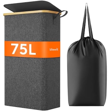 Lifewit 75L Slim Laundry Hamper with Lid Narrow Laundry Basket with Removable Bag Bamboo Handles Fodable Thin Dirty Clothes Hamper for Laundry Collapsible Bin for Bathroom Bedroom Dorm Dark Gray