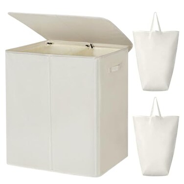 WOWLIVE 180L Double Laundry Hamper with Lid and Removable Laundry Bags Large Dirty Clothes Hamper 2 section Collapsible Laundry Basket Dorm Room Storage for Bedroom Bathroom CollegeBeige