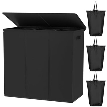 WOWLIVE 180L Laundry Hamper with Lid 3 SectionLarge Laundry Basket with Removable Bags and HandlesCollapsible Dirty Clothes Hampers for LaundryLaundry Basket Organizer for Laundry RoomDormBlack