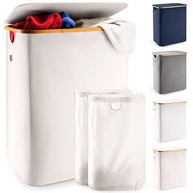 LONBET Laundry Basket with Lid Made from Breathable Fabric Aesthetic Clothes Hampers for Laundry with Side Handles Sturdy Bamboo Frame 40 Gallons Double Beige