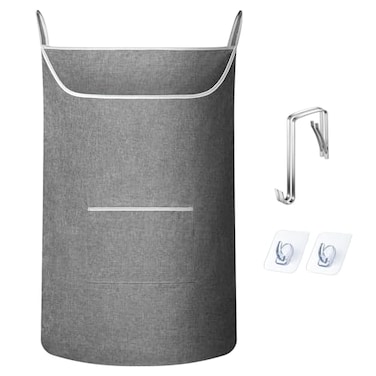 SAVERHO XLarge Hanging Laundry Hamper Bag Door Hanging Hamper with Front Pocket Dirty Clothes Hanging Laundry Bag Large Size 35X22 inch Door Laundry Basket Grey
