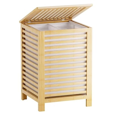 SMIBUY Double Laundry Hamper with Lid 120L Bamboo Laundry Basket with Removable Liner Bag 2Section Clothes Divider Laundry Sorter for Laundry Room Bathroom Bedroom Natural