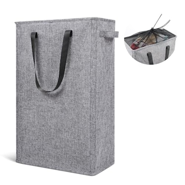 Odonata Slim Laundry Hamper Handles Collapsible Laundry Basket Thin Dirty Clothes Basket Narrow Laundry Bag Foldable Dirty Hamper 45L Heather Grey