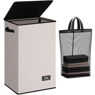 SOLEDI Laundry Hamper with Lid 90L Large Tall Collapsible Laundry Basket Clothes Hamper with Bag Removable Easy to Carry Dirty Hampers for Bedroom Bathroom Dorm College Light taupe