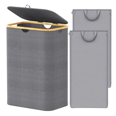 SpaceAid Double Laundry Hamper 2 Section with Lid and Removable Laundry Bags 160L Clothes Basket with Bamboo Handles Large Collapsible Hamper for Bedroom Bathroom Dorm Laundry Room Grey