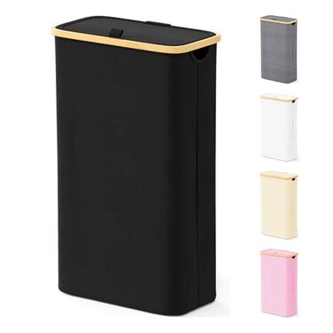 SpaceAid Slim Laundry Hamper with Lid 65L Narrow Clothes Basket Bin with Bamboo Handles Skinny Tall Collapsible Hamper for Bedroom Bathroom Dorm Laundry Room Black
