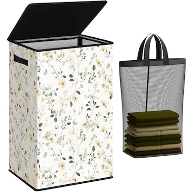 SOLEDI Laundry Hamper with Lid 90L Tall Large Floral Laundry Basket Collapsible Clothes Hamper with Removable Bag Dirty Hampers for Bedroom Bathroom Laundry Room