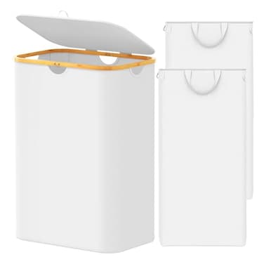 SpaceAid Double Laundry Hamper 2 Section with Lid and Removable Laundry Bags 160L Clothes Basket with Bamboo Handles Large Collapsible Hamper for Bedroom Bathroom Dorm Laundry Room White