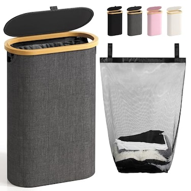 Bathola Slim Laundry Hamper with Lid 60L Small Laundry Basket with HandlesRemovable Bag Thin Dirty Clothes Hampers for Laundry Narrow Laundry Hampers for Bedroom Aesthetic Dark Grey