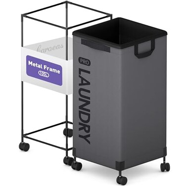 Caroeas NextGen 105L Matel Frame Laundry Basket with wheels Heavy Duty Tall Rolling Laundry Hamper with Removable Wash Bag Collapsible Freestanding Clothes Hamper For Laundry Room 100LGrey1Pack