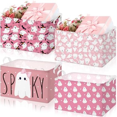 Chunful 4 Pcs Halloween Storage Baskets Pink Ghost Laundry Boo Basket Pink Hamper Foldable Storage Bins with Handle Collapsible Organizer for Home Closet Office Bedroom
