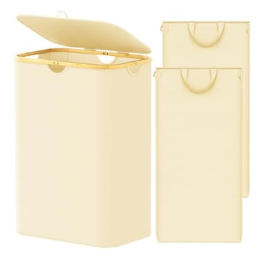 SpaceAid Double Laundry Hamper 2 Section with Lid and Removable Laundry Bags 160L Clothes Basket with Bamboo Handles Large Collapsible Hamper for Bedroom Bathroom Dorm Laundry Room Beige