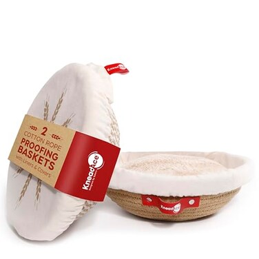 KneadAce Cotton Rope Banneton Bread Proofing Basket Set 2 x Round Bread Basket with Liners Covers for Artisan Bread Baking Sourdough Bread Baking Supplies