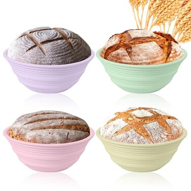 Ycgcp 4Pcs Silicone Banneton Bread Proofing Baskets 9 Collapsible Sourdough Bread Baking Supplies NonStick Round Dough Proofing Bowl Containers Oven Safe for Various Tastes Bread MakingBPA Free