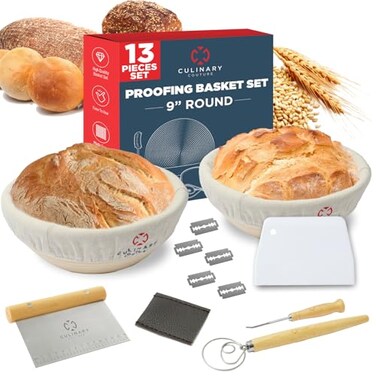 Culinary Couture Bread Proofing Basket Set of 2 Round 9 Sourdough Bread Baking Supplies wLinen Liner Scrapers Scoring Lame Whisk Blades Banneton Proofing Baskets Sourdough Starter Kit for Beginners