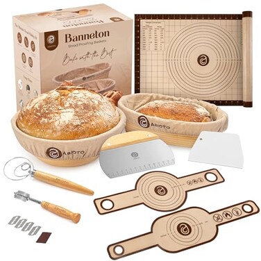 ABIOTO Sourdough Bread Baking Kit 17Piece Artisan Set with 9 Round 10 Oval Rattan Baskets Slings Baking Mat Bread Lame Danish Whisk Scrapers
