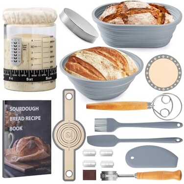 Angadona Sourdough Starter Kit Sourdough Bread Baking Supplies 40oz Sourdough Starter Jar 9 Round 10 Oval Silicone Bread Proofing Baskets Set Bread baking toolsSilicone bread Sling