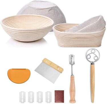 YAANI Sourdough Starter Kit Sourdough Bread Baking Supplies Banneton Bread Proofing Basket Set Of 2 Round and Oval Dough Whisk Scoring Tool Metal Scraper Silicone Scraper Premium Baking Tools
