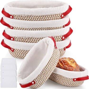 Gejoy 4 Pcs 10 Inch Cotton Rope Banneton Bread Proofing Basket Set Oval Bread Baskets with Liners Covers Proofing Baskets for Sourdough Baking with 4 Strickle for Home Bakers Wife MomYellow White