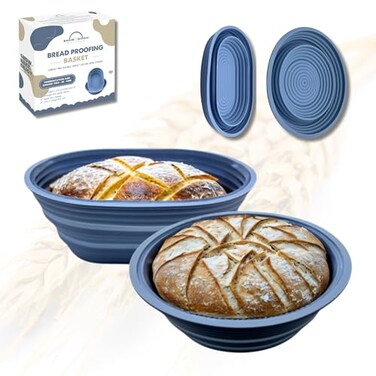 Sourdough Whisper Premium Foldable Silicone Sourdough Banneton Basket Bread Proofing Baking Basket Set Includes Oval Round Bowls 95 Inch Oven Dishwasher Safe Gifts for Bakers Blue