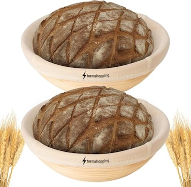 Stormshopping Banneton Bread Proofing Basket Banneton Basket Set of 2 Pack 7 inch Round Sourdough Proofing Basket with Liner Handmade Rattan Proofing Rising Bowl for Artisan Bread Making Baking Suppli