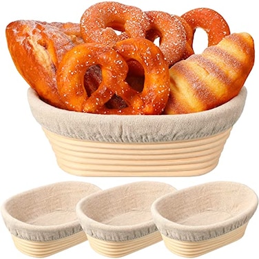 EBOOT Set of 4 Bread Proofing Basket 8 Inches Oval Shaped Sourdough Bread Proofing Bowl with Liner Rising Rattan Banneton Bowl for Dough Baking