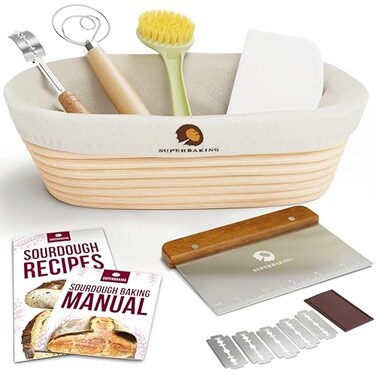 Superbaking 10 Oval Banneton Bread Proofing Basket Sourdough Starter Kit for Crusty Artisan Style Loaves Includes Essential Bread Baking Supplies Tools Ideal Gift for Bakers