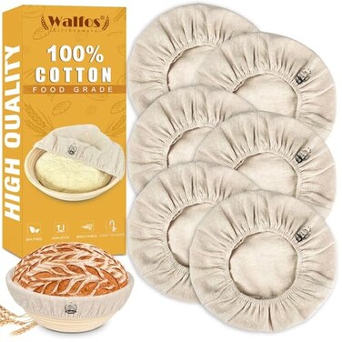 WALFOS 6 Packs Bread Basket Liner Cloth 9 inch round bread proofing basket cloth liner Baking Dough Basket Cover Natural Rattan Banneton Proofing Cloth