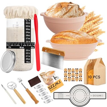 SZZJKJ Sourdough Starter Kit 24PCS Sourdough Bread Baking Supplies 9Round 11Oval Banneton Bread Proofing Basket Bread Sling Starter Jar Whisk Scrapers Bread Lame Bag Sour Dough Making Tools Kit