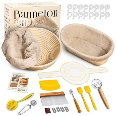 BAVIFY Sourdough Starter Kit Banneton Bread Proofing Baskets Set Sourdough Bread Baking Supplies Making Tools with Dough Scraper Whisk Bread Lame Recipe