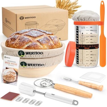 WERTIOO Sourdough Bread Baking Supplies Sourdough Starter Kit 2 9 Inch Round Banneton Bread Proofing Basket with 24 Oz Glass Jar Sour Dough Tools with Danish Dough Whisk Scraper