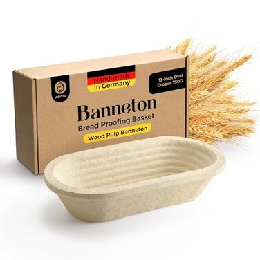 ABIOTO Wood Pulp Banneton Bread Proofing Basket 13 Oval 15LB Brotform Grooved Pattern NonStick Natural Wood Pulp Pressed for Durability Made in Germany Proofing Basket for Sourdough Bread Baking