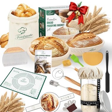 Feastmate Sourdough Starter Kit Banneton Bread Proofing Basket Set with Liners Sourdough Bread Baking Supplies Bread Making Tools Includes two Banneton Basket Tools with Sling Kneading Pad